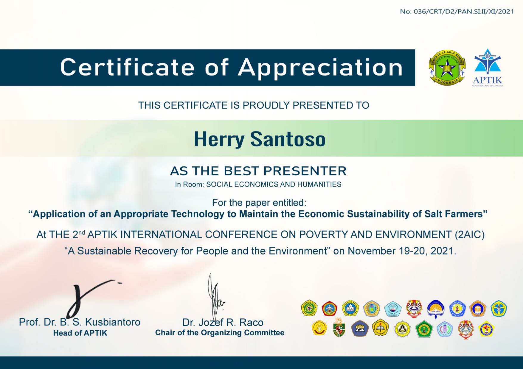 Dosen TK UNPAR meraih Best Presenter pada Seminar 2AIC