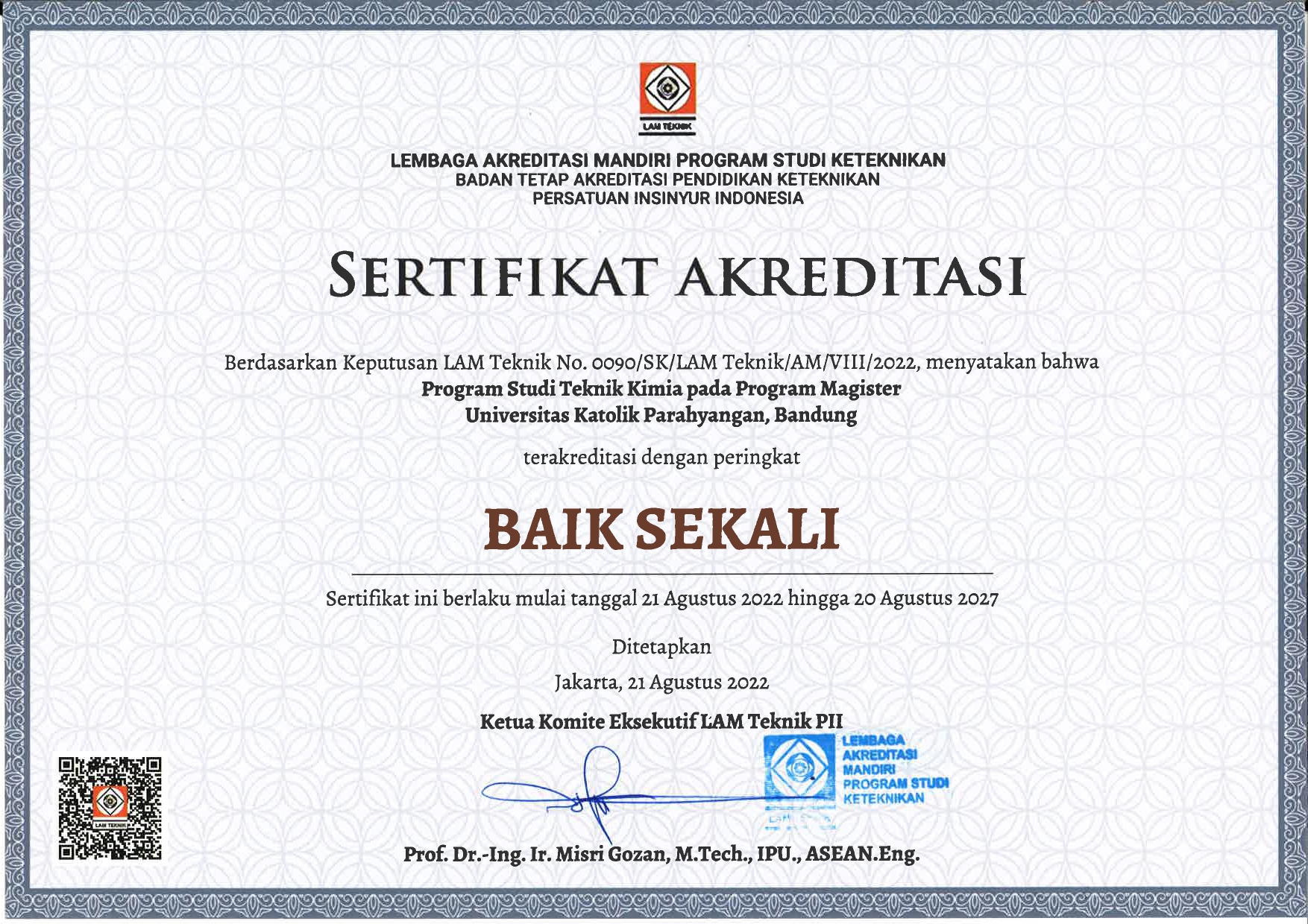 Prodi Magister TK UNPAR Meraih Akreditasi Baik Sekali dari LAM Teknik